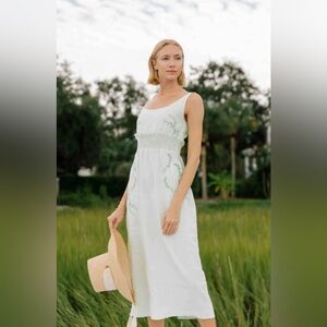 Fanm Mon White Midi Dress with Subtle Green Embroidery
